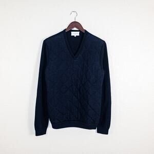 Eric Bompard Cashmere Medium V-neck Quilted Sweater Navy Leather elbow patch